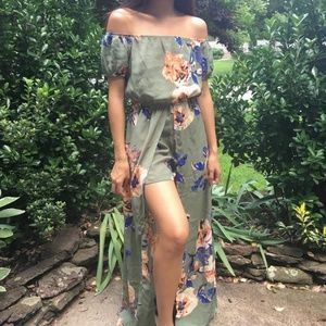 Green Off Shoulder Floral Romper Maxi Dress